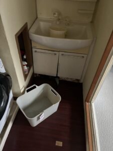 作業前の脱衣所。棚の中に洗剤が数点見える。